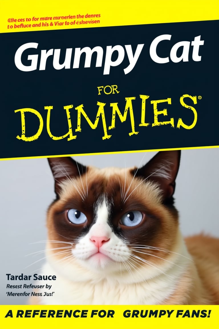 Grumpy cat FOR DUMMIES BOOK COVER, BY: TARDAR SAUCE, TEXT ON BOTTOM THAT SAYS "A REFERENCE FOR GRUMPY FANS"