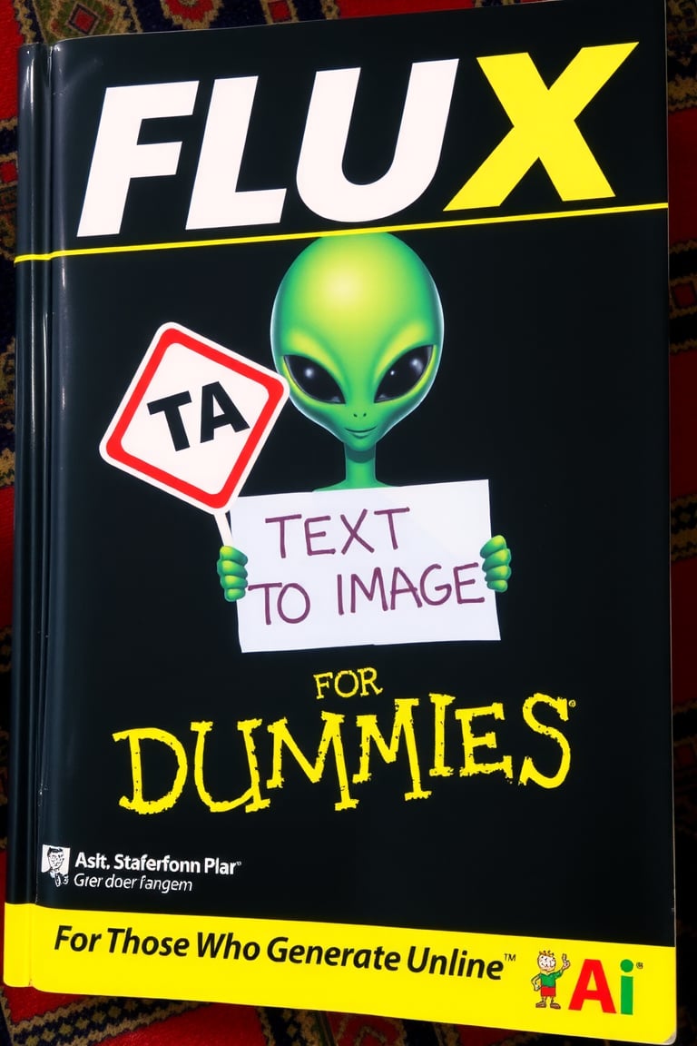 FLUX FOR DUMMIES BOOK COVER,ALIEN WITH A SIGN THAT SAYS "TEXT TO IMAGE" ,TEXT ON THE BOTTOM THAT SAYS "FOR THOSE WHO GENERATE ONLINE",TA LOGO ON LEFT,AI LOGO ON RIGHT,