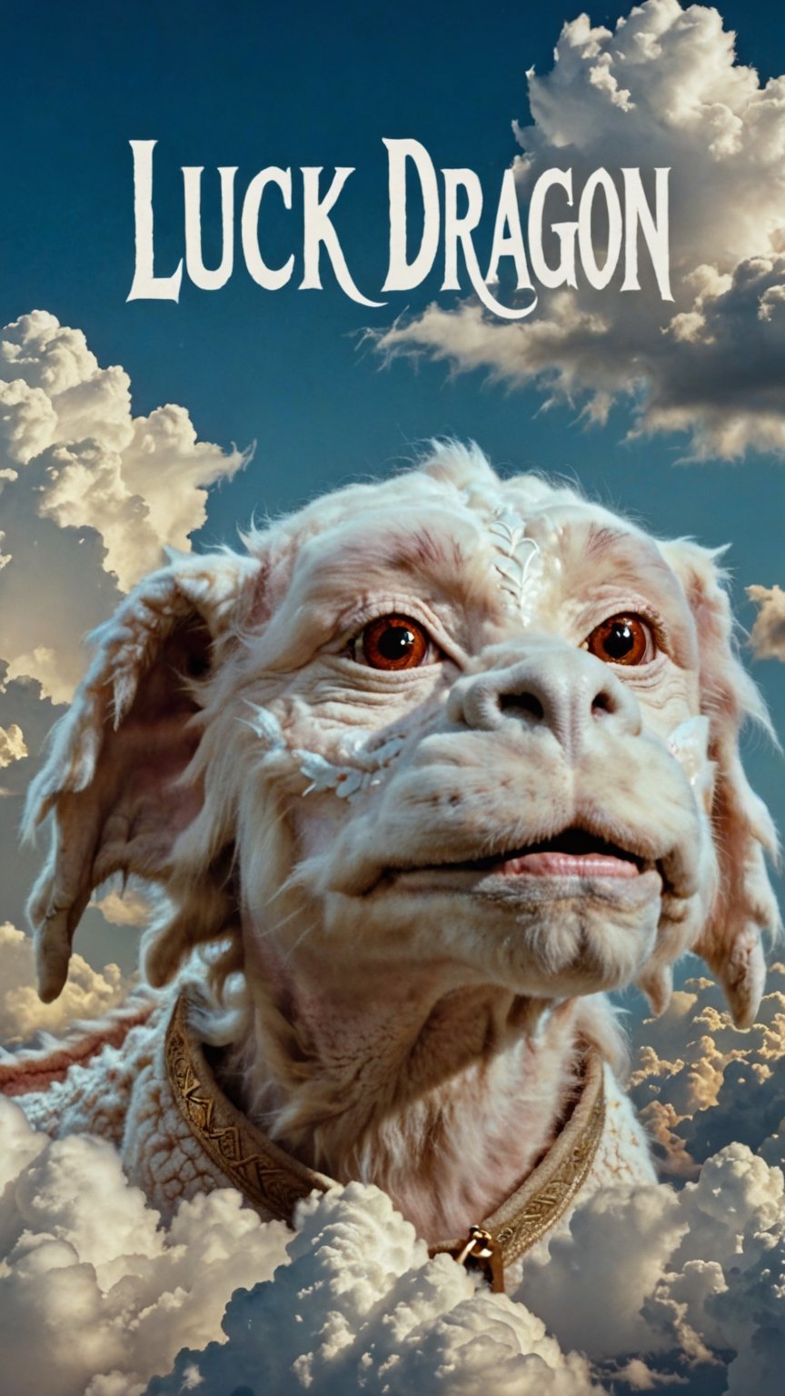 Photo of falkor in clouds with text that says "luck dragon" 