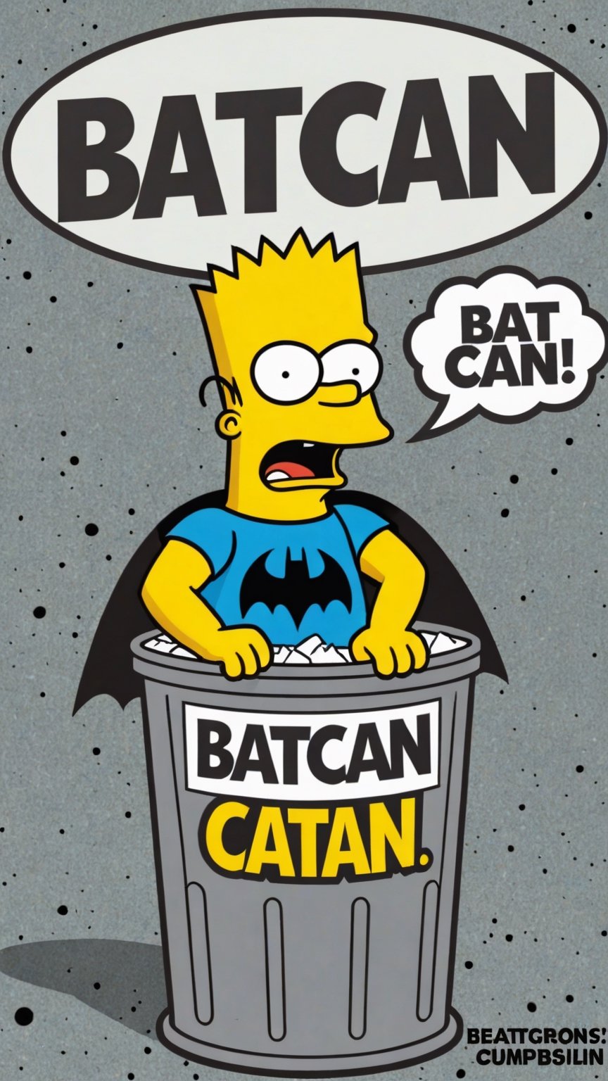 Photo of Bart Simpson as batman in garbage can with text bubble that says "Batcan"