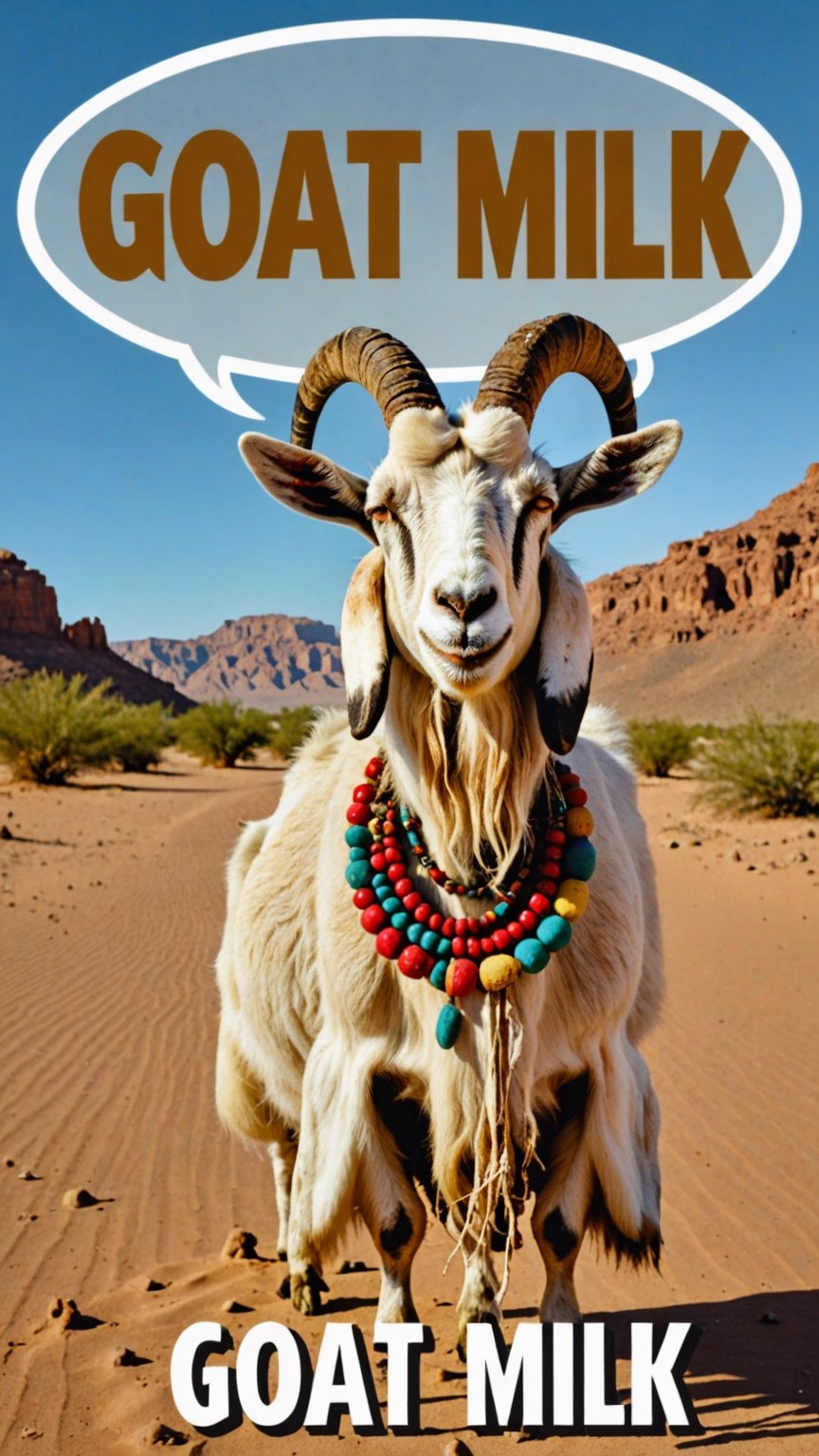 Photo of holy goat man shaman in desert with text bubble that says "goat milk?"