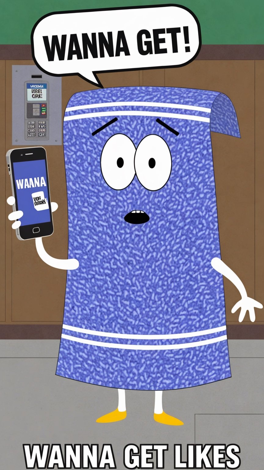 Photo of Towelie in south park yelling at cellphone with a text bubble that says "wanna get likes"