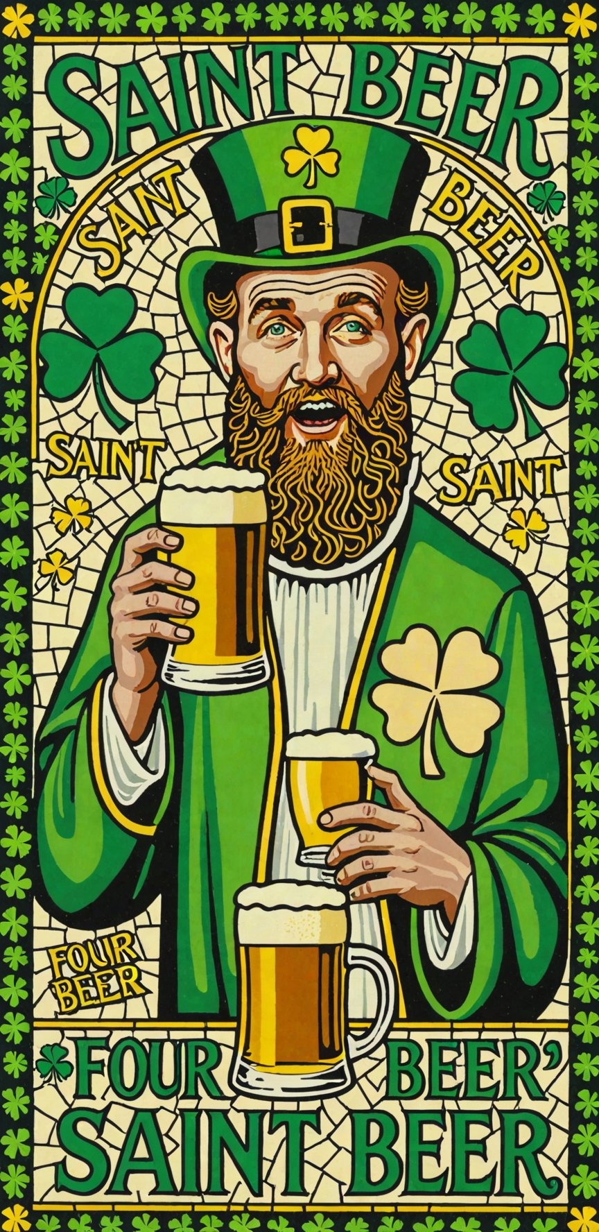 (masterpiece, best quality, ultra-detailed), Image of a drunk Saint Patrick, four leaf clover mosaic, with text that says "Saint Beer"