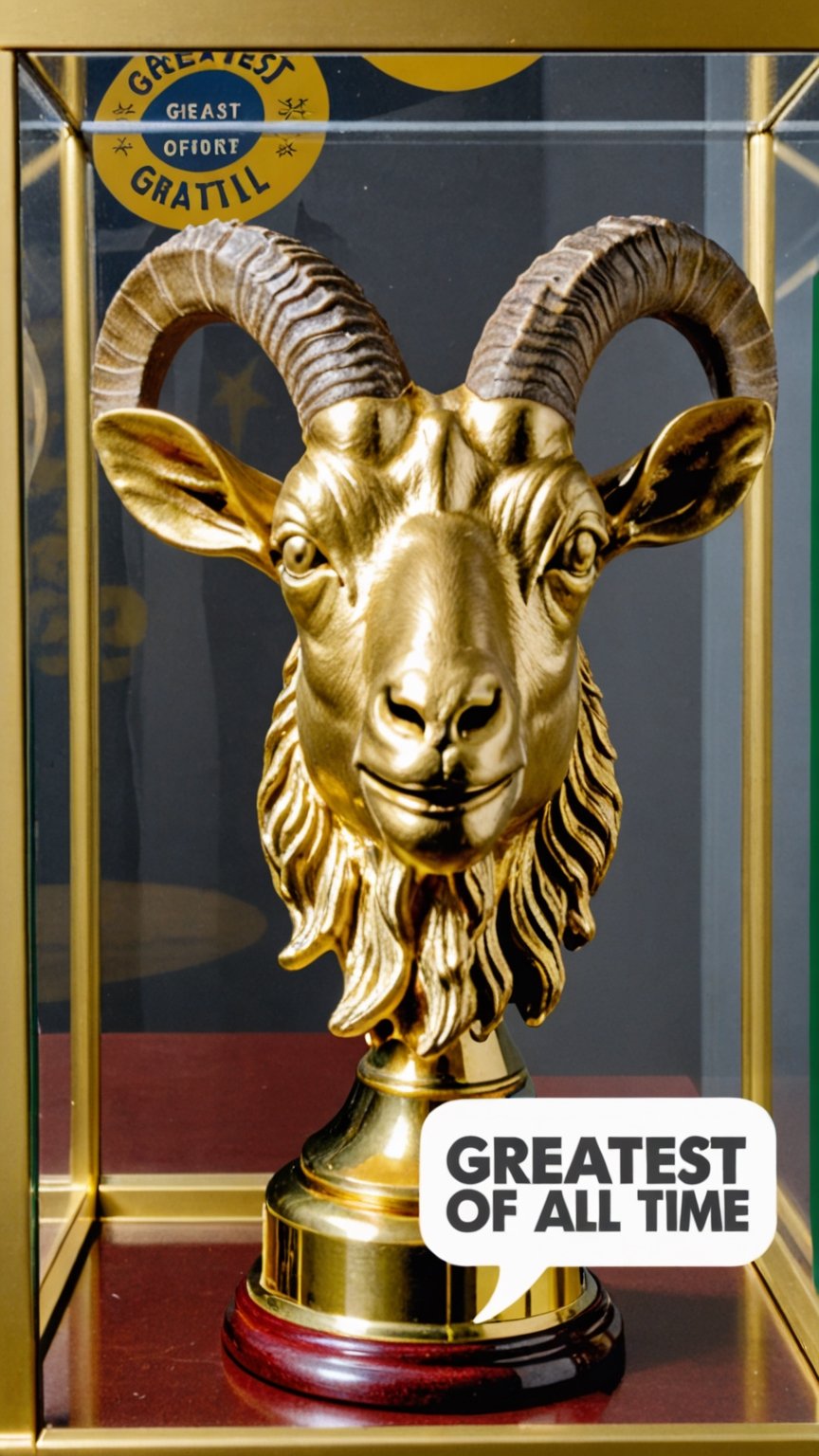 Photo of gold goat head trophy in trophy case with text bubble that says "greatest of all time"