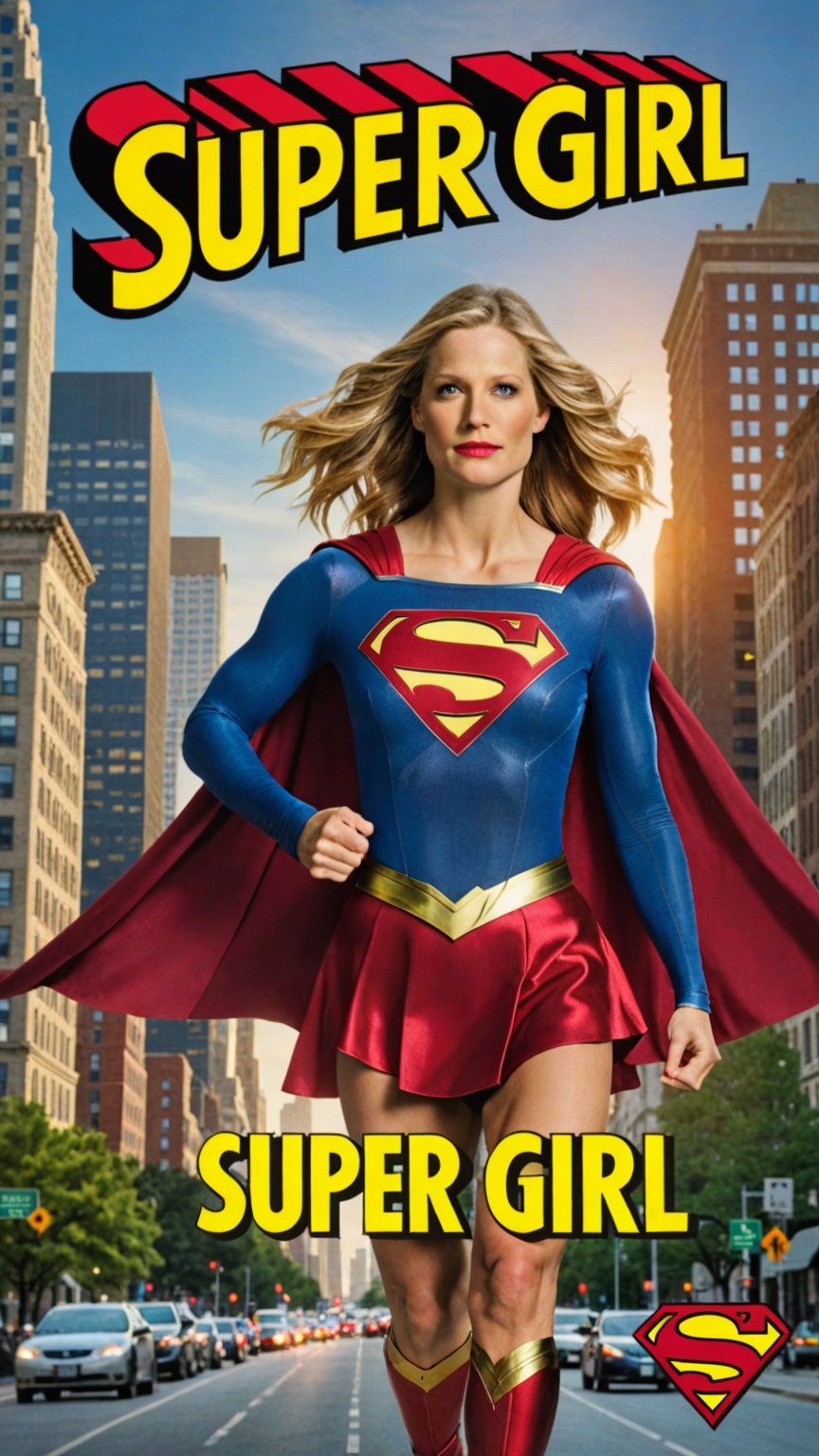 Photo of Supergirl in city with text that says "super girl"