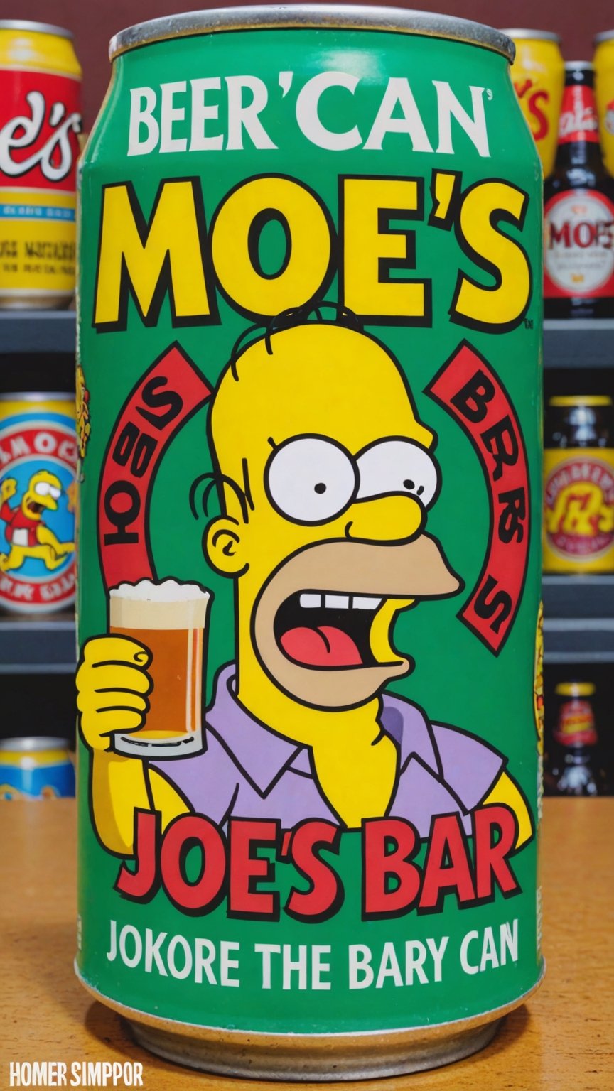 photo of Homer Simpson as Joker in beer can with text that says "moe's bar"