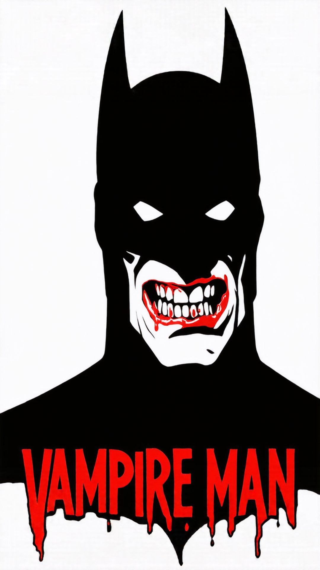 Black and white and red Photo of batman with bloody fangs teeth with text that says "VAMPIRE MAN"