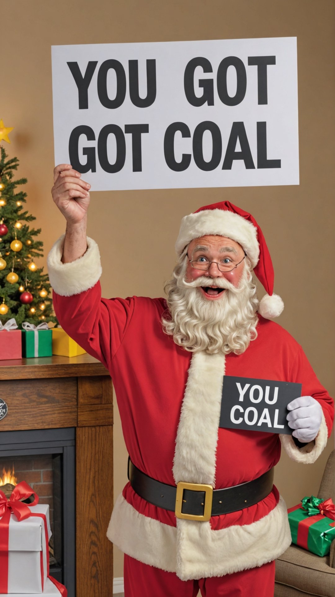 Photo of santa with a sign that says "you got coal" by Skratch4merz on Tensor.Art