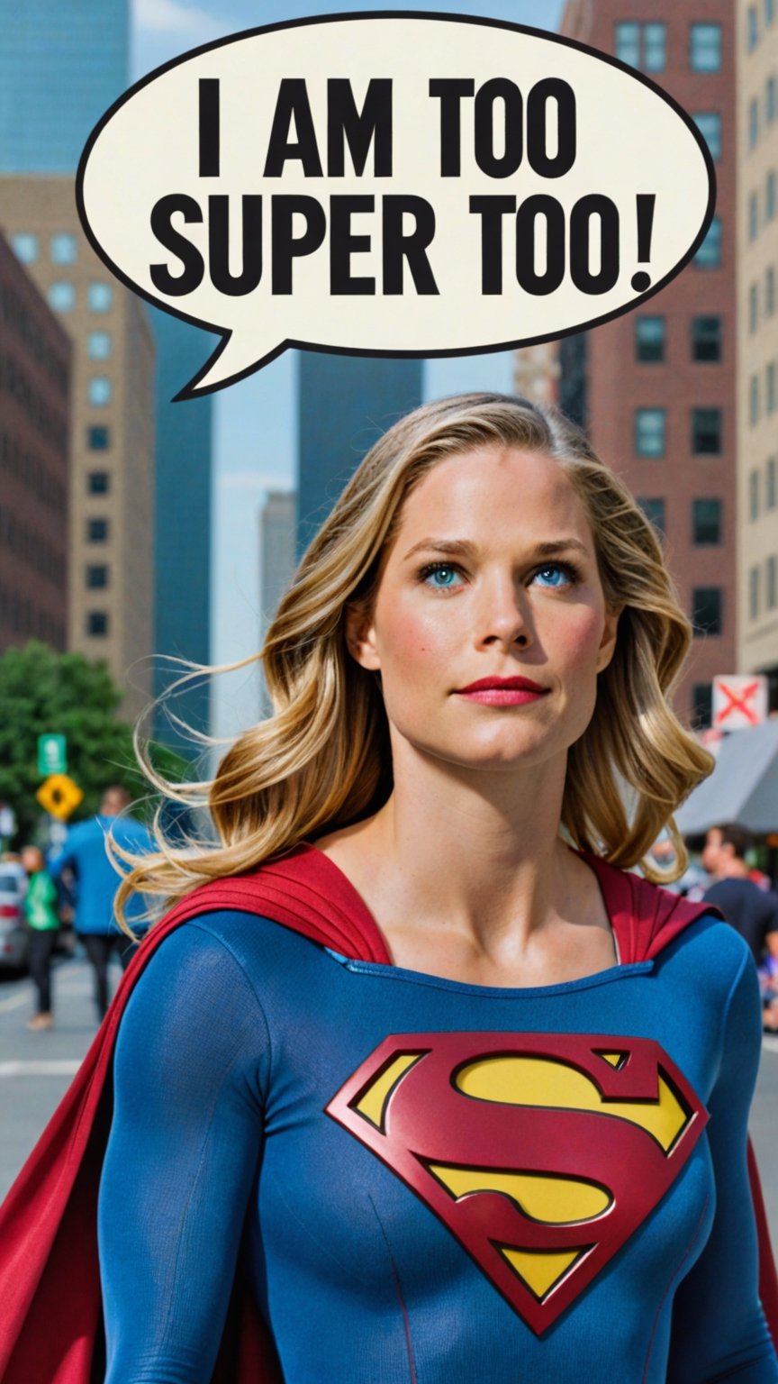 Photo of Supergirl in city with text bubble that says "I am super too"