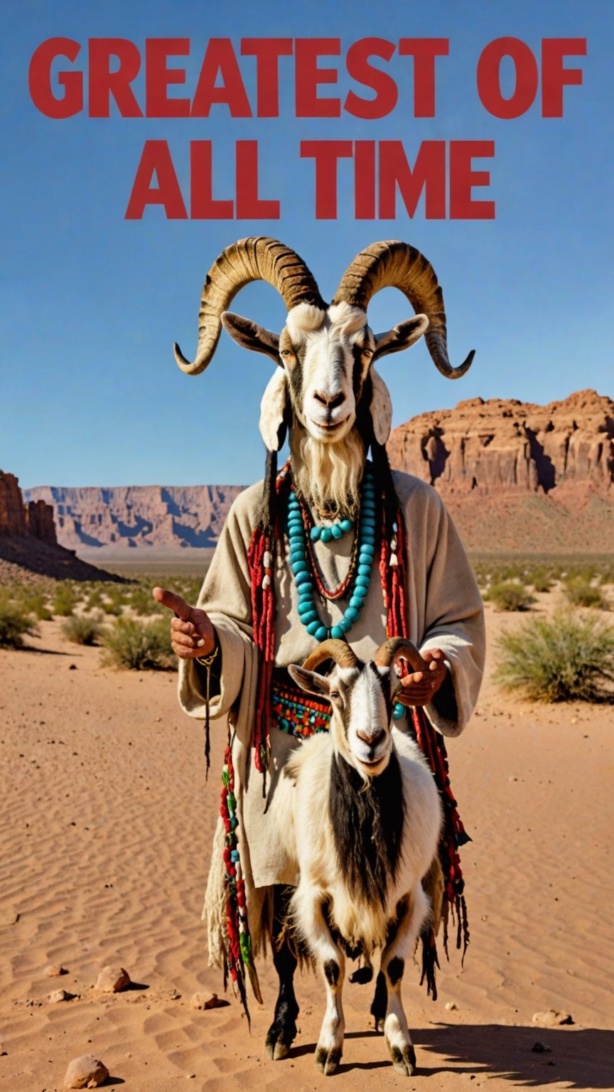 Photo of holy goat man shaman in desert with text bubble that says "greatest of all time"