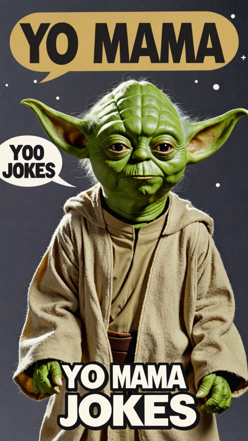 Photo of Yoda with text bubble that says "yo mama jokes"