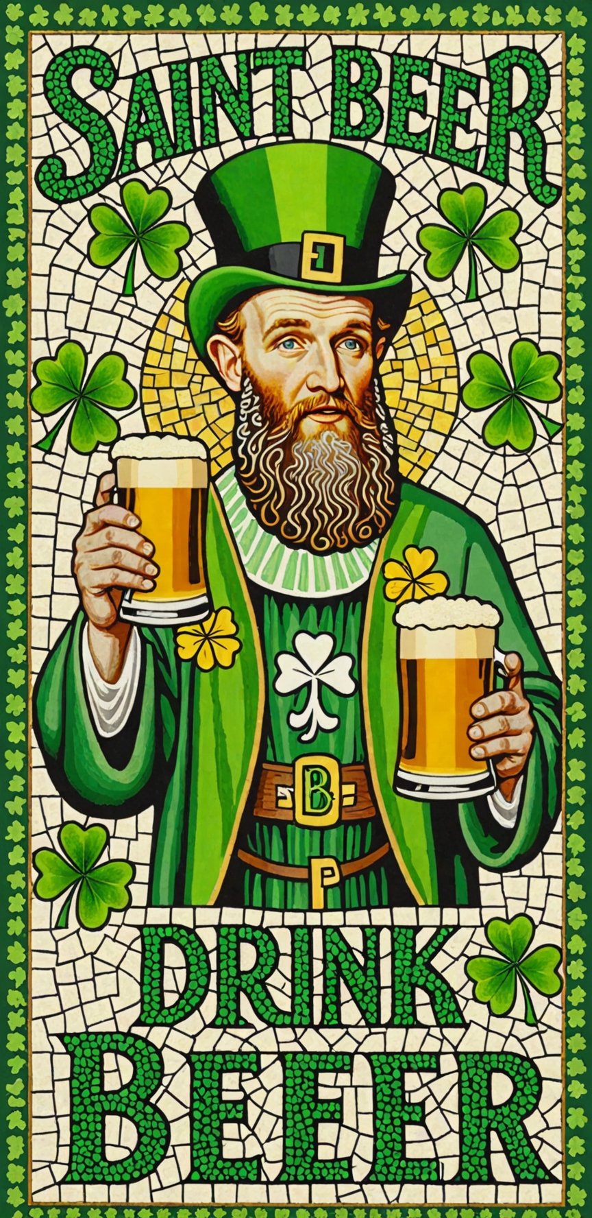 (masterpiece, best quality, ultra-detailed), Image of Saint Patrick, four leaf clover mosaic, with text that says "Drink Beer"