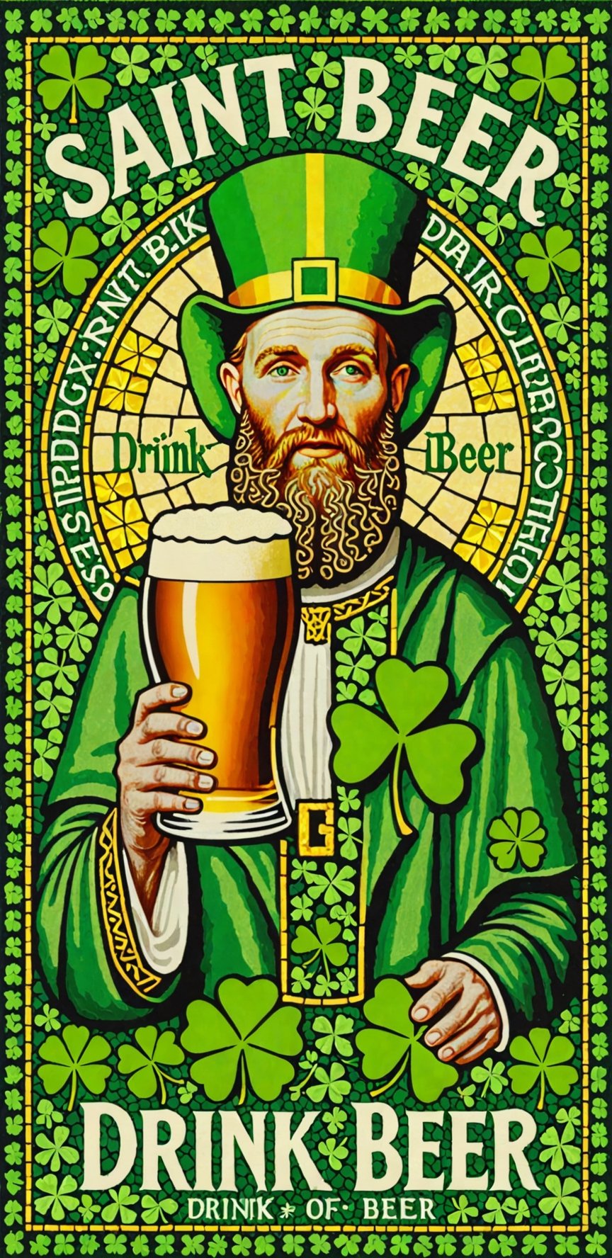 (masterpiece, best quality, ultra-detailed), Image of Saint Patrick, four leaf clover mosaic, with text that says "Drink Beer"