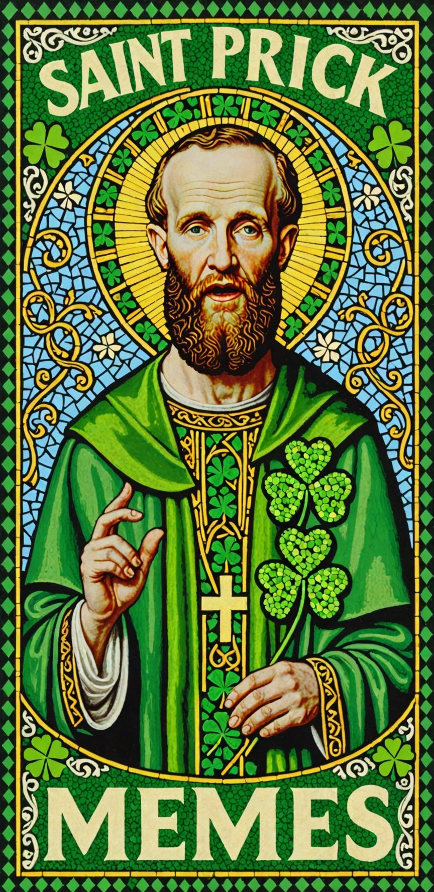 (masterpiece, best quality, ultra-detailed), Image of Saint Patrick, four leaf clover mosaic, with text that says "Memes XL"