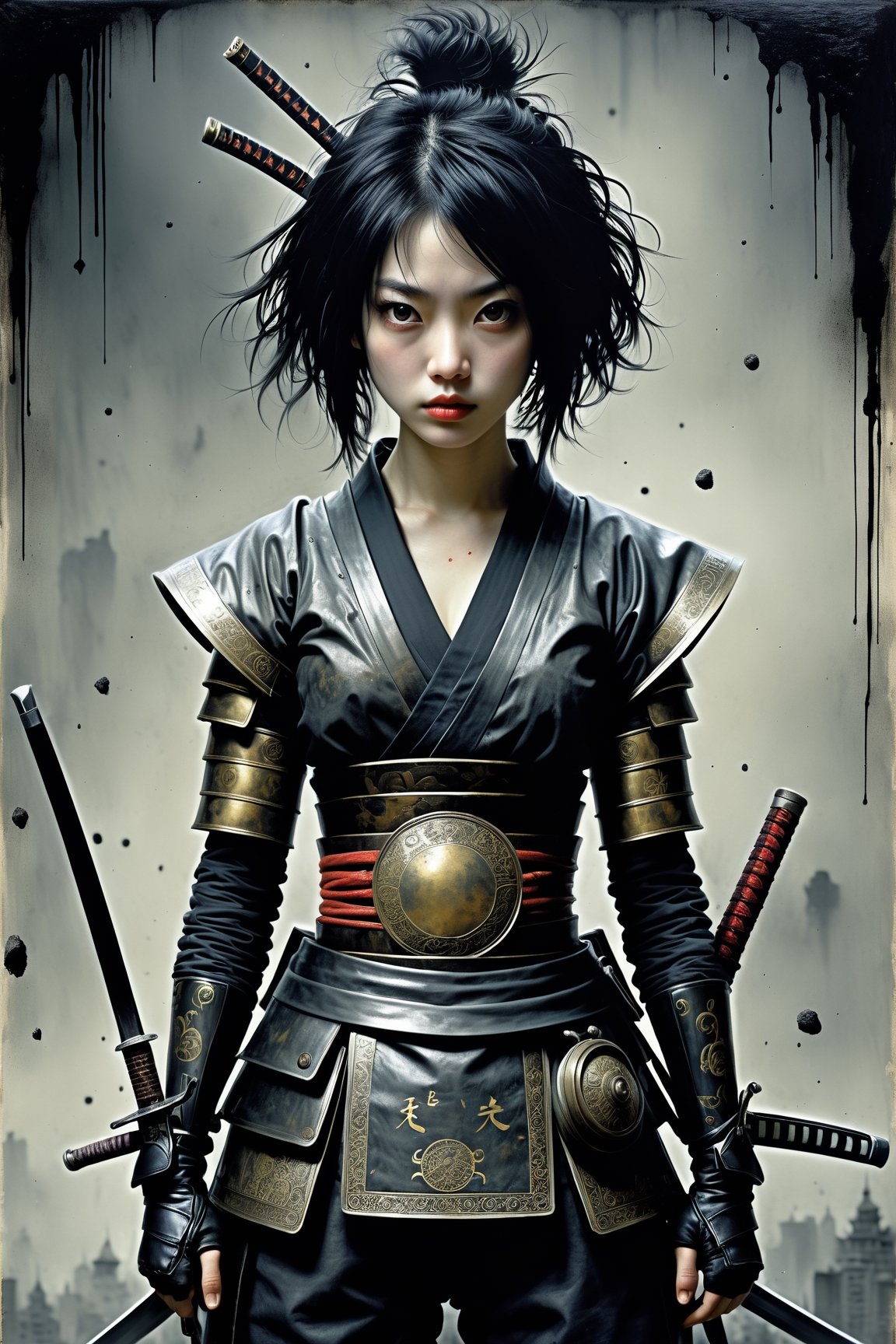 HONG KONG Girl ((September Ai)) ,  short messy hair, 

"""Female Samurai standing, looking down with sword sticking in the ground": photograph by Stephen Gammell - Gabriel Pacheco - Naoto Hattori - Joan Miró - Russ Mills - Minjae Lee - Chalida Mingmalee - Gustave Doré - Anna Dittmann - Jordan Grimmer - Dianne Briggs - Jasmine Becket-Griffith - Karol Bak - Tim Burton"" hyperdetailed charcoal drawing,on parchment,hdsrmr,onoff,Text
