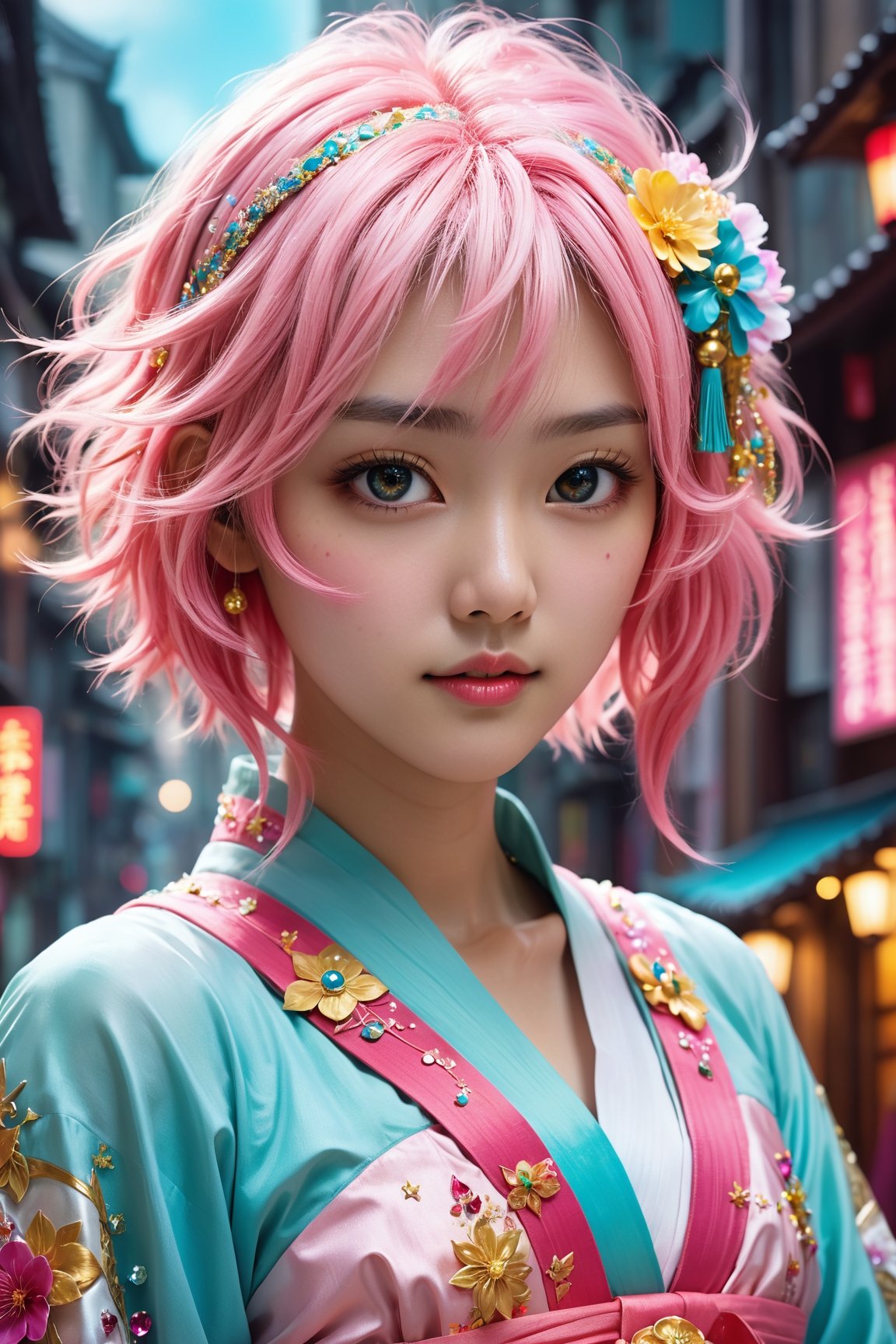 HONG KONG Girl ((September Ai)) ,  Pink AQUA Yellow short messy hair,  1girl wearing stunning white by AlanLeung2 on Tenso...
