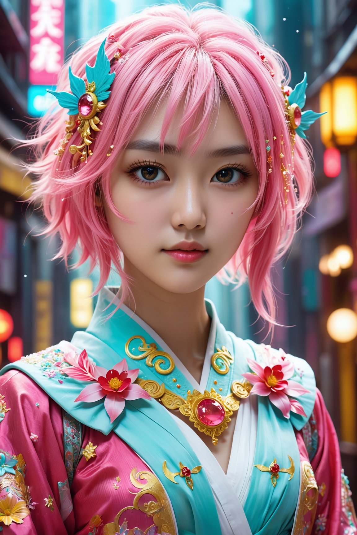 HONG KONG Girl ((September Ai)) ,  Pink AQUA Yellow short messy hair,  1girl wearing stunning white by AlanLeung2 on Tenso...