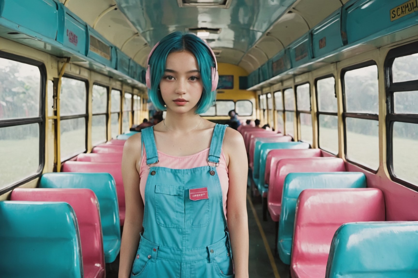 A full body  hyperdetailed indonesian photography, by Elizabeth Polunin,  pink and Aqua hair colour short hair young indonesian schoolgirl,  brooklyn,  looking straight to camera,  sweaty,  olya bossak,  nepal,  very accurate photo,  suspiria, blue colour sci-fi plastic overalls jeans only, inside sci-fi london bus, 

