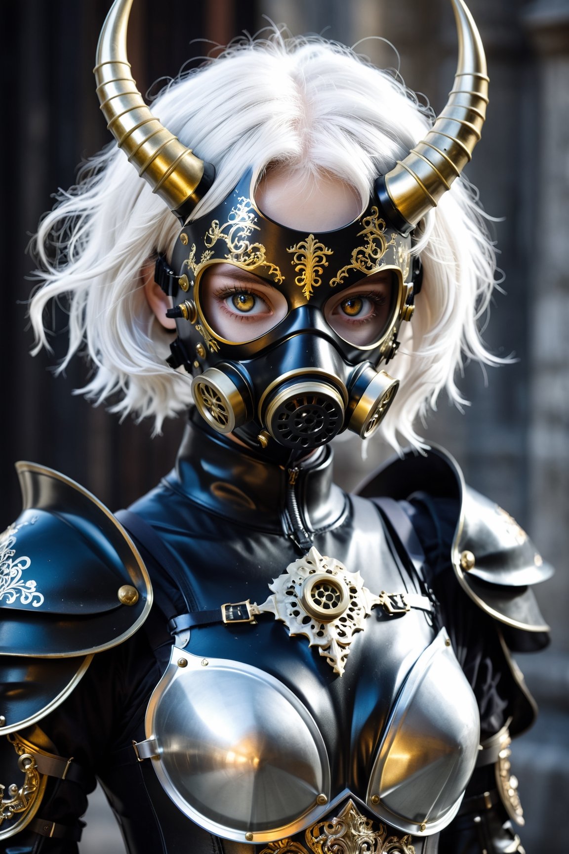 HONG KONG Girl ((September Ai)) ,  short messy hair, 

1 girl, (masterful), blur, black_hair, albino demon girl,slit pupil eyes,Intricate Iris Details,heterochromia_iridis,(gas mask),(long intricate horns:1.2) ,pure white hair,Wearing Medieval black Knight Armor,Gold carved full plate Armor, best quality, highest quality, extremely detailed CG unity 8k wallpaper, detailed and intricate, ,steampunk style,perfecteyes
