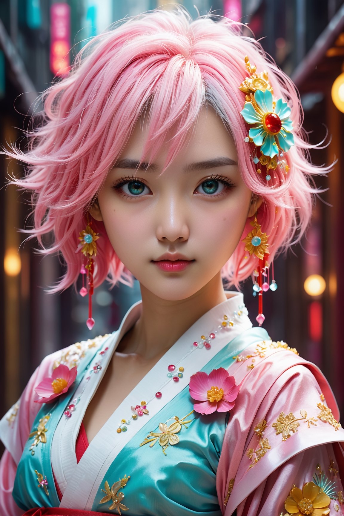 HONG KONG Girl ((September Ai)) ,  Pink AQUA Yellow short messy hair,  1girl wearing stunning white by AlanLeung2 on Tenso...