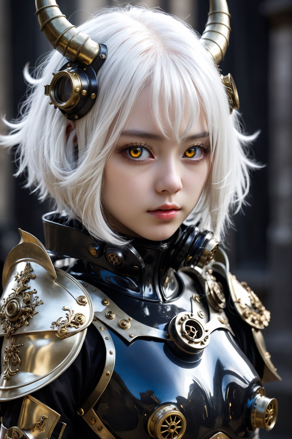 HONG KONG Girl ((September Ai)) ,  short messy hair, 

1 girl, (masterful), blur, black_hair, albino demon girl,slit pupil eyes,Intricate Iris Details,heterochromia_iridis,(gas mask),(long intricate horns:1.2) ,pure white hair,Wearing Medieval black Knight Armor,Gold carved full plate Armor, best quality, highest quality, extremely detailed CG unity 8k wallpaper, detailed and intricate, ,steampunk style,perfecteyes
