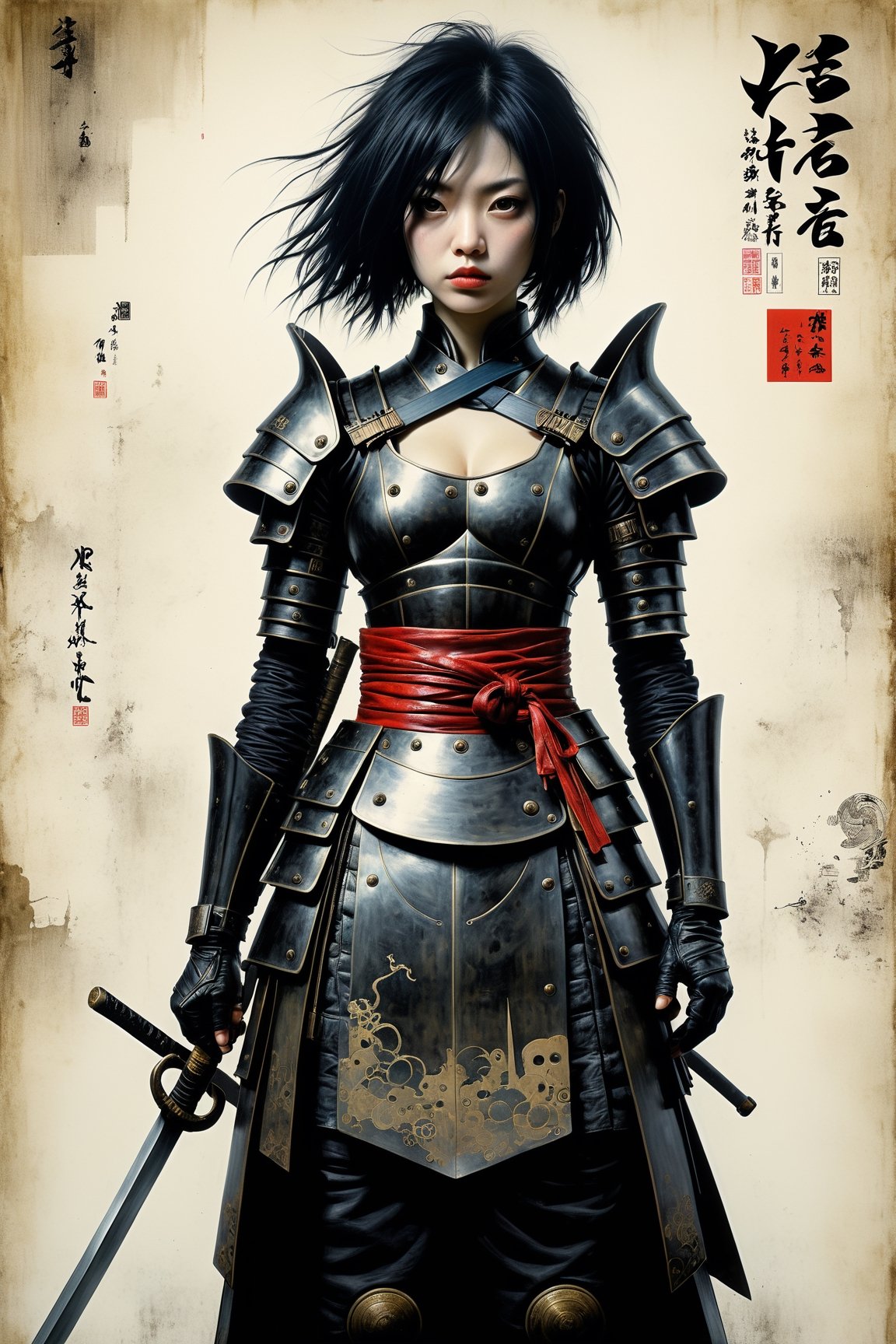 HONG KONG Girl ((September Ai)) ,  short messy hair, 

"""Female Samurai standing, looking down with sword sticking in the ground": photograph by Stephen Gammell - Gabriel Pacheco - Naoto Hattori - Joan Miró - Russ Mills - Minjae Lee - Chalida Mingmalee - Gustave Doré - Anna Dittmann - Jordan Grimmer - Dianne Briggs - Jasmine Becket-Griffith - Karol Bak - Tim Burton"" hyperdetailed charcoal drawing,on parchment,hdsrmr,onoff,Text
