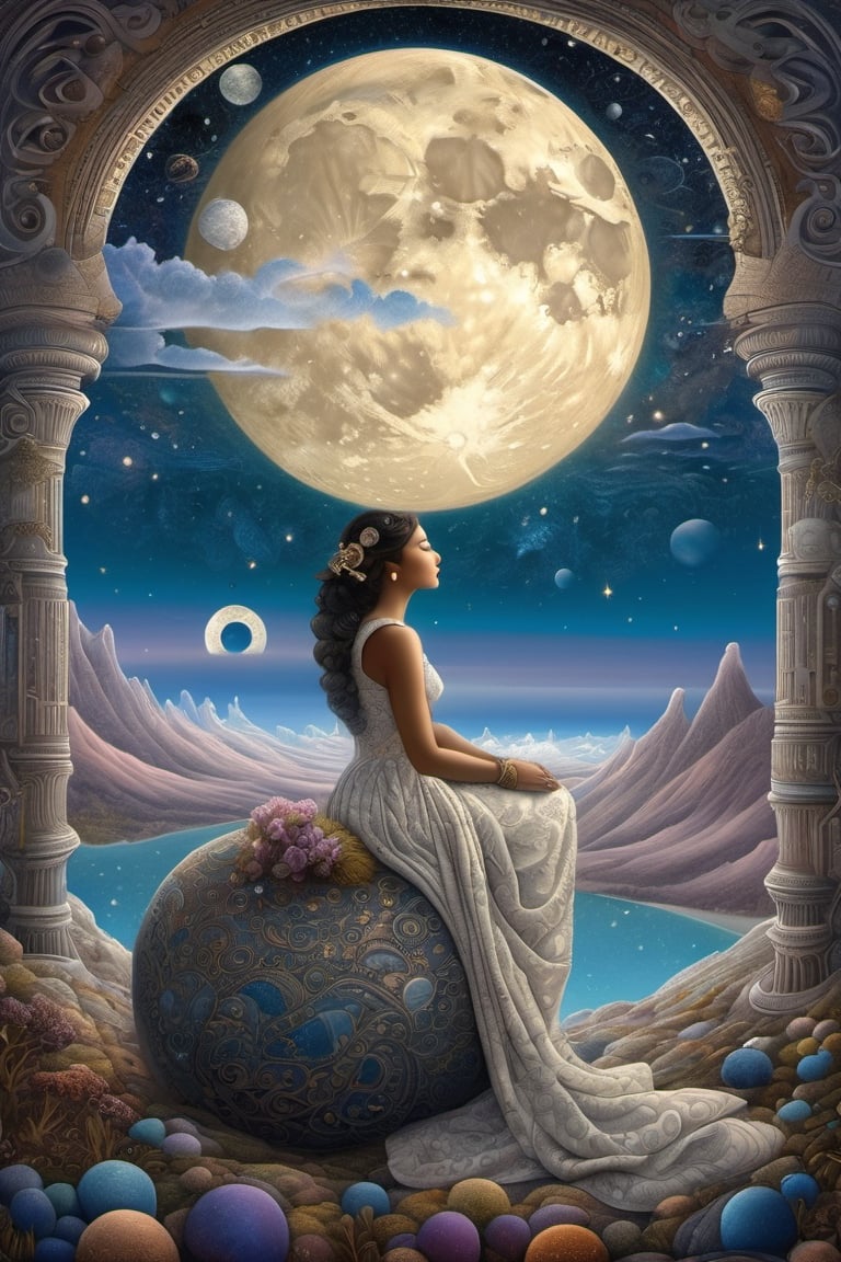 Neo surrealism, whimsical art, painting, fantasy, magical realism, bizarre art, pop surrealism, inspired by Remedios Var, Jacek Yerka and Gabriel Pacheco. Create a surreal cosmic scene with a young woman sitting on a crescent moon. The moon is highly detailed with realistic craters, and the woman is in a three-quarter profile view. Her skin is fair, with a soft, contemplative expression on her face and her eyes closed. She has long, dark brown hair styled in a loose updo with elegant floral decorations. She wears a full-length, flowing vintage cream gown with intricate lace detailing and ethereal, gossamer fabric that drapes gracefully over the moon’s edge. The woman's pose is relaxed, with one hand supporting her head and the other resting on her lap. The background features a vast cosmic sky filled with stars, nebulae, and galaxies, exhibiting a vibrant mix of blues, whites, and purples. The lower portion of the image shows dark, towering mountain silhouettes with steep slopes, suggesting a distant, otherworldly landscape. Fluffy, white clouds are scattered on both sides of the horizon. The composition balances the elements such that the moon and the woman are centrally placed, providing a focal point, while the mountainous landscape frames the bottom edge, and the cosmic sky serves as a mesmerizing backdrop enveloping the entire scene. The lighting is ethereal and comes from an unseen source, highlighting the woman and the moon, with soft shadows that complement the dreamlike quality of the image.