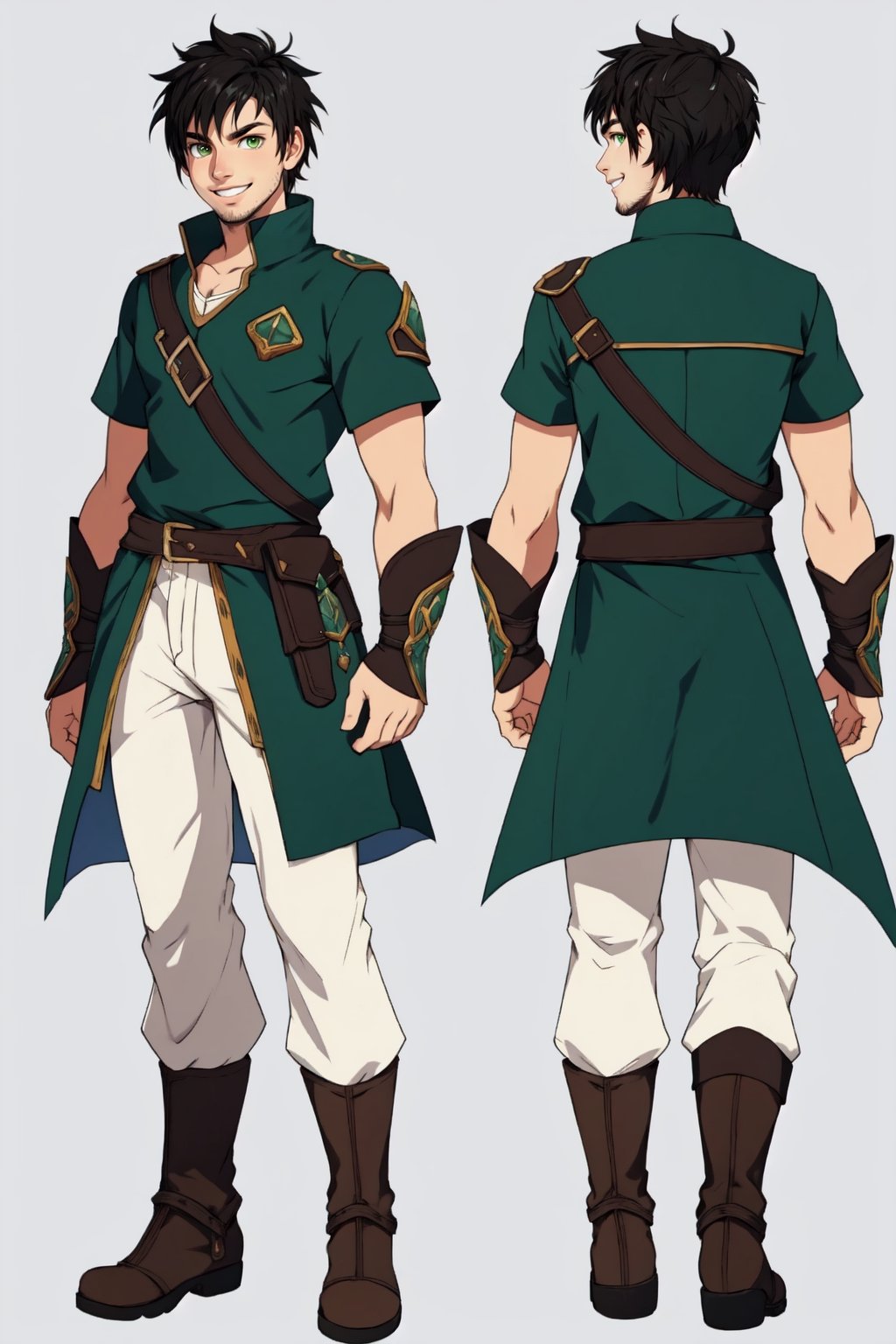 fantasy, rpg, chara-sheet, front view, back view, looking at his front, 1boy, manly, gerard pique, black hair, young, simple background, adventurer clotles, green eyes, smile