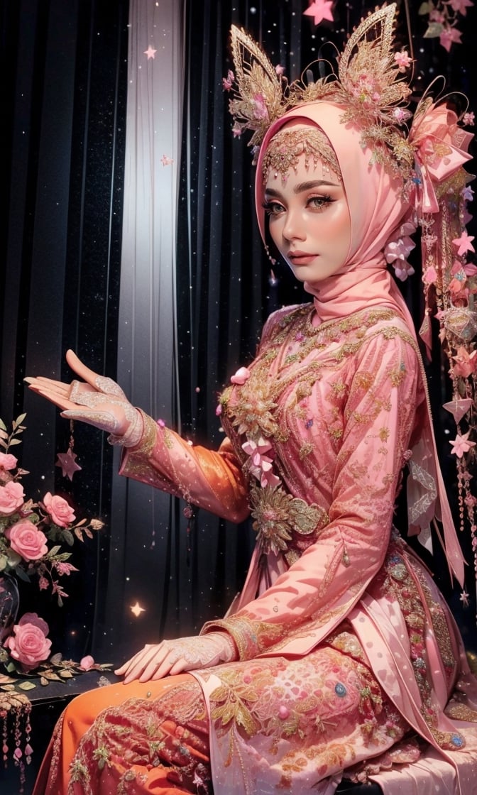 soft lighting, 1girl, alone, sitting, (starry sky, night, city),(orange dress:1.2), fox ears, (subsurface scattering), long hair, black sofa, elbow gloves, window, shelf, white bows, pink ribbons, pink ribbons,HSR,1 girl,R1gBy,hijab wedding