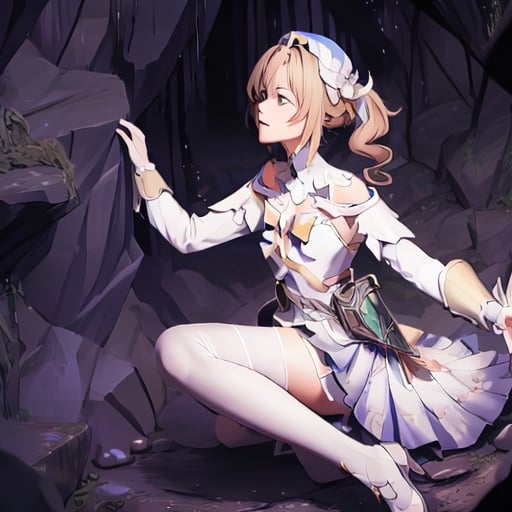 ,barbara (genshin impact),
1girl,
hat,
latin cross,
blonde hair,
long hair,
twintails,
twin drills,
blue eyes,
bow.
torn dres,
frilled skirt,
detached sleeves,

white pantyhose,
book,
belt
white pantyhose,
book, blood, dirt, good hands, pretty face, mud, dungeon, full body, cave, cavern, torn stockings, many wounds, corruption, torn dress, scared. praying, lágrimas, vampiro, cementery
