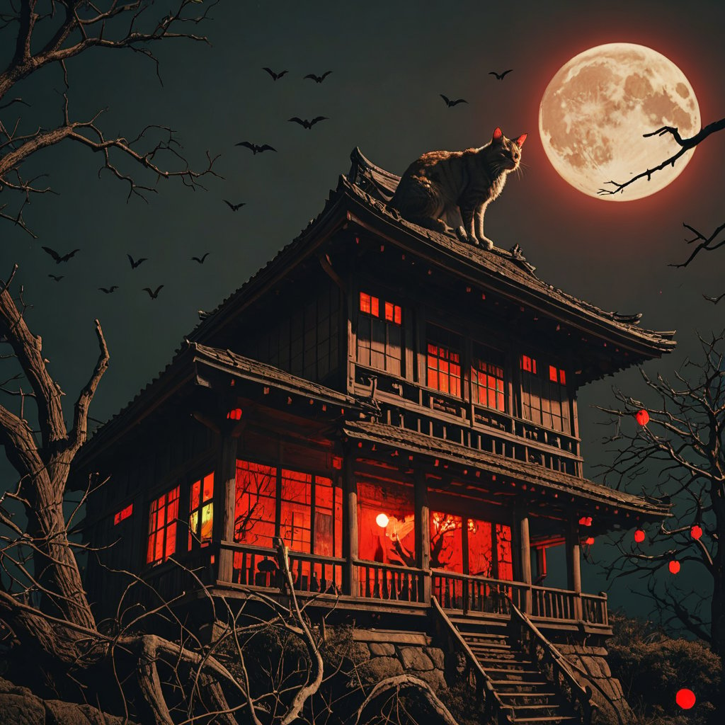 Giant cat, standing on top of old Japanese house, dark night, horror, glowing eyes, dead trees, bats flying, red moon