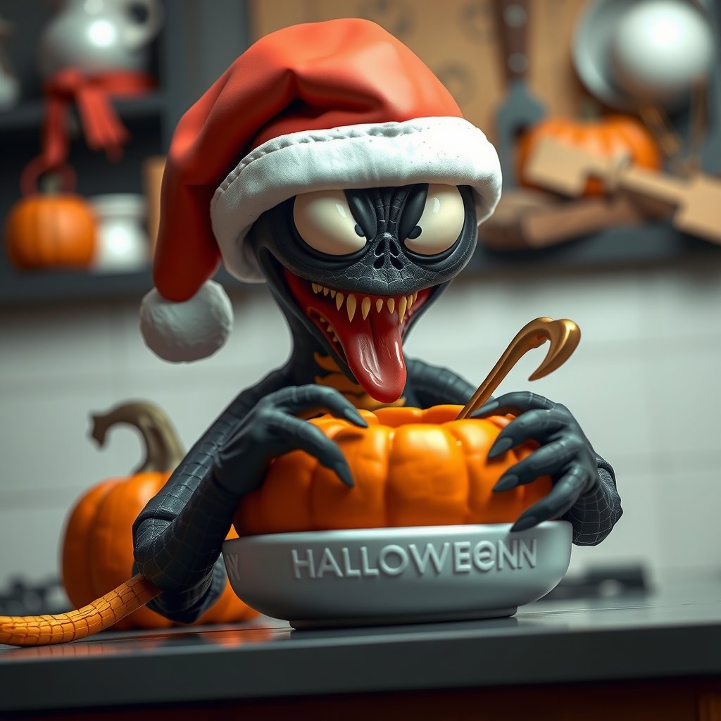 venom, wearing santa hat, cokking pumpkin halloween soup, web sipder everywhere in the kitchen, clay style