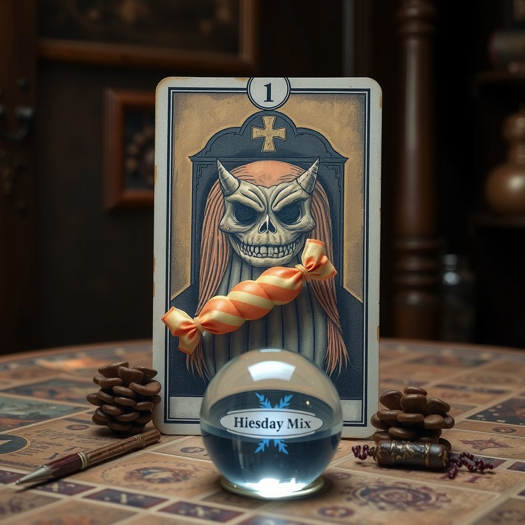 1 tarot card, with a picture of a very large keejo, a candy with an evil face, a hideous shape, old paper, painted pictures, strange and mysterious details, placed on the table with a magic ball