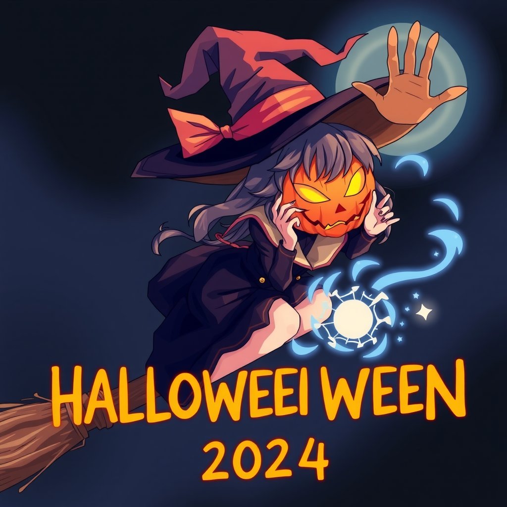 1girl, wearing pumpkin halloween mask, witch hat, flying broomstick, looking at the viewer, magic wand, magical night, magic that creates the word "HALLOWEEN 2024"