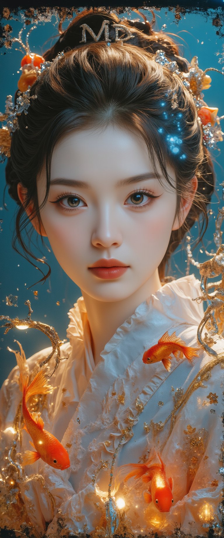 Photo, realistic, light refraction, ((acrylic with goldfish illustration embedded in desk)),  llngsh AND 1920s geisha, face, brunette, kimono goldfish look like they are swimming in Chinese letter panterns that spell ni hao, deep blue and light blue gradation, very beautiful, cool feeling piece, front view of face and full body head to toe angel woman facing the camera, full color Sketch book, highly detailed hand drawn, light, realistic sketch, dark orange and gold chiffon linen and flowing gossamer with ruffled silk under garments dress braded dark brown hair Rough sketch, mix of bold dark lines and loose lines, bold lines, on paper, beautiful angel facing camera, character model sheet, back view included on character sheet. female, Full body, runes, light hero theme, flowing partially braided hair, beautiful 8k photorealistic, 