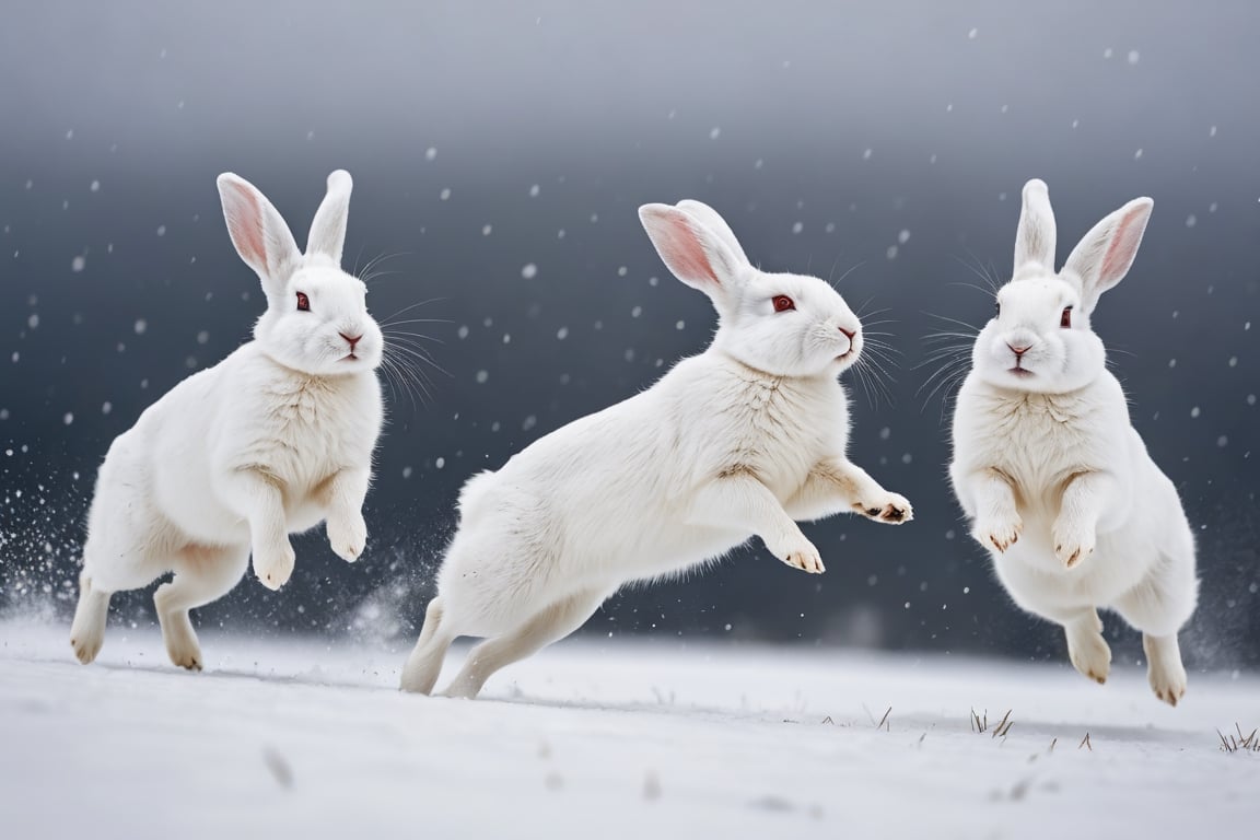 Perfectly white arctic rabbits jump.
laughing, 
There is a blizzard so severe that visibility is obscured nearby.

close-up photography, Ultra-detailed, ultra-realistic, full body shot, Distant view