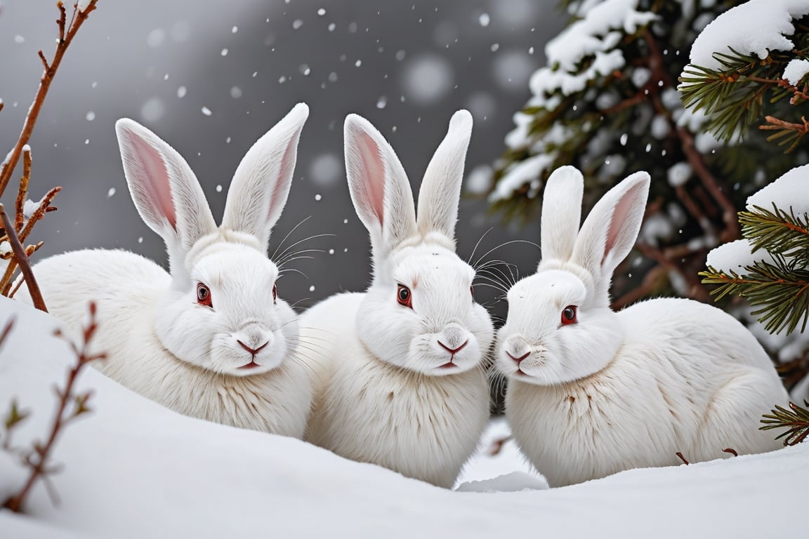 Perfectly white arctic rabbits are hiding and on guard
laughing, 
There is a blizzard so severe that visibility is obscured nearby.

close-up photography, Ultra-detailed, ultra-realistic, full body shot, Distant view