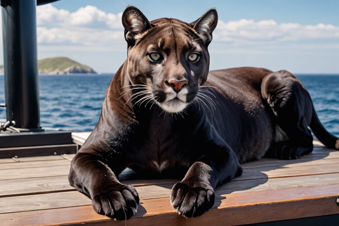 A black cougar wearing a harness is relaxing on the deck of a large power yacht with her front paws resting on her chin.
(((Perfectly black puma: 2.0))), 


best quality, masterpiece, photorealistic,  highres, Ultra-detailed, ultra-realistic, ultra-clear, very Distant view.,Ivi