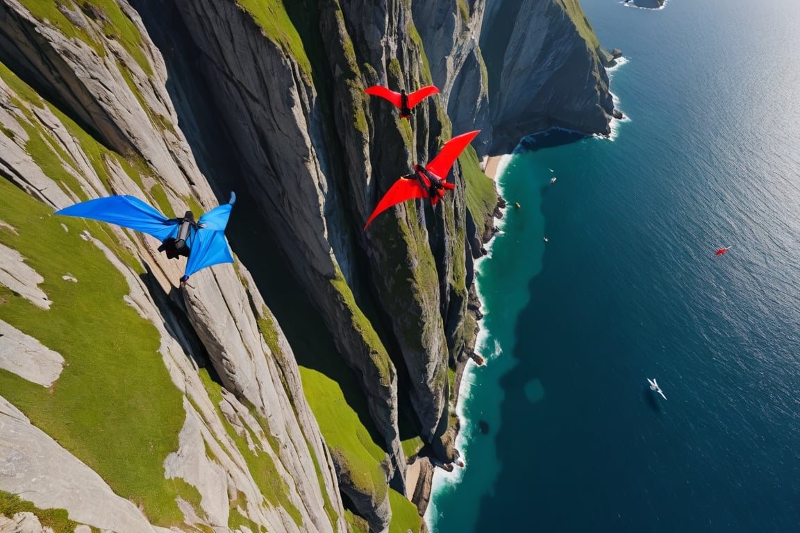 People flying between cliffs wearing wingsuits that extend from their backs to their arms like wings,  Wingsuit greatly af...
