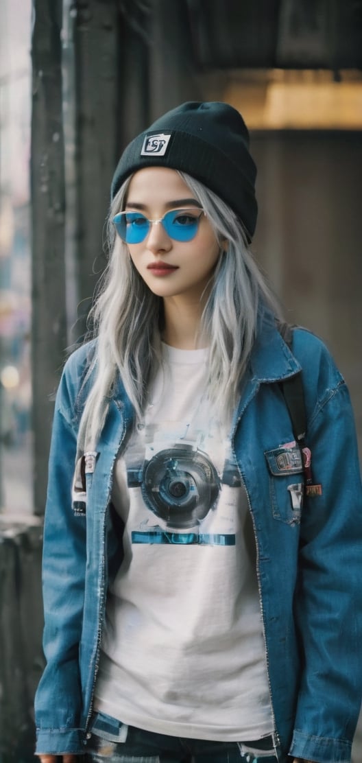 Cute female  cyberpunk hacker with blue colored glasses, in a jacket with a Beanie long grey hair half teeshirt ripped jeanscyberpunk 2077 poster art