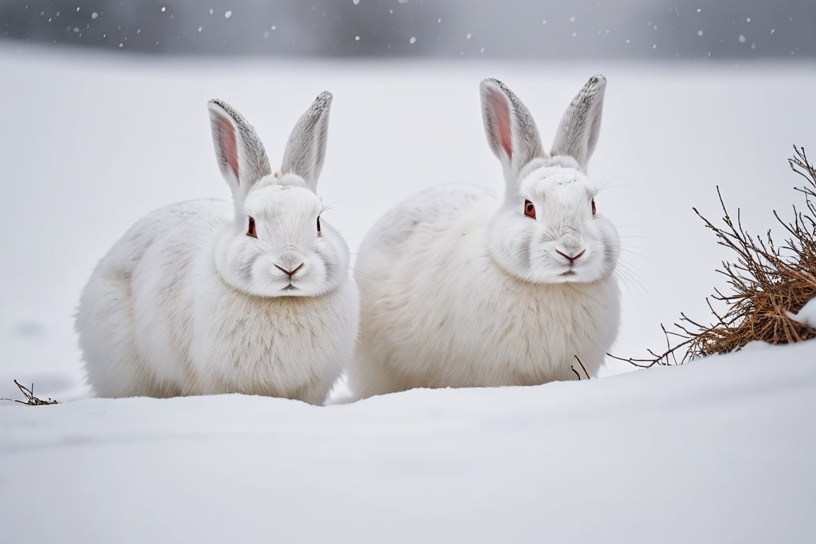 Perfectly white arctic rabbits are hiding and on guard
laughing, 
There is a blizzard so severe that visibility is obscured nearby.

close-up photography, Ultra-detailed, ultra-realistic, full body shot, Distant view