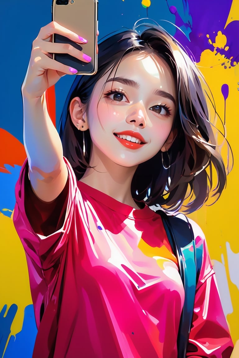 young girl, adolescent, energetic, joyous, selfie, taking selfie, phone camera app, outline, angle downwards, v shape hand pose, cute, adorable, sexy, suggestive outfit, paint splash background, vibrant paint, high contrast, abstract, volumetric light, high quality, detailed, masterpiece,girl,xxmix_girl