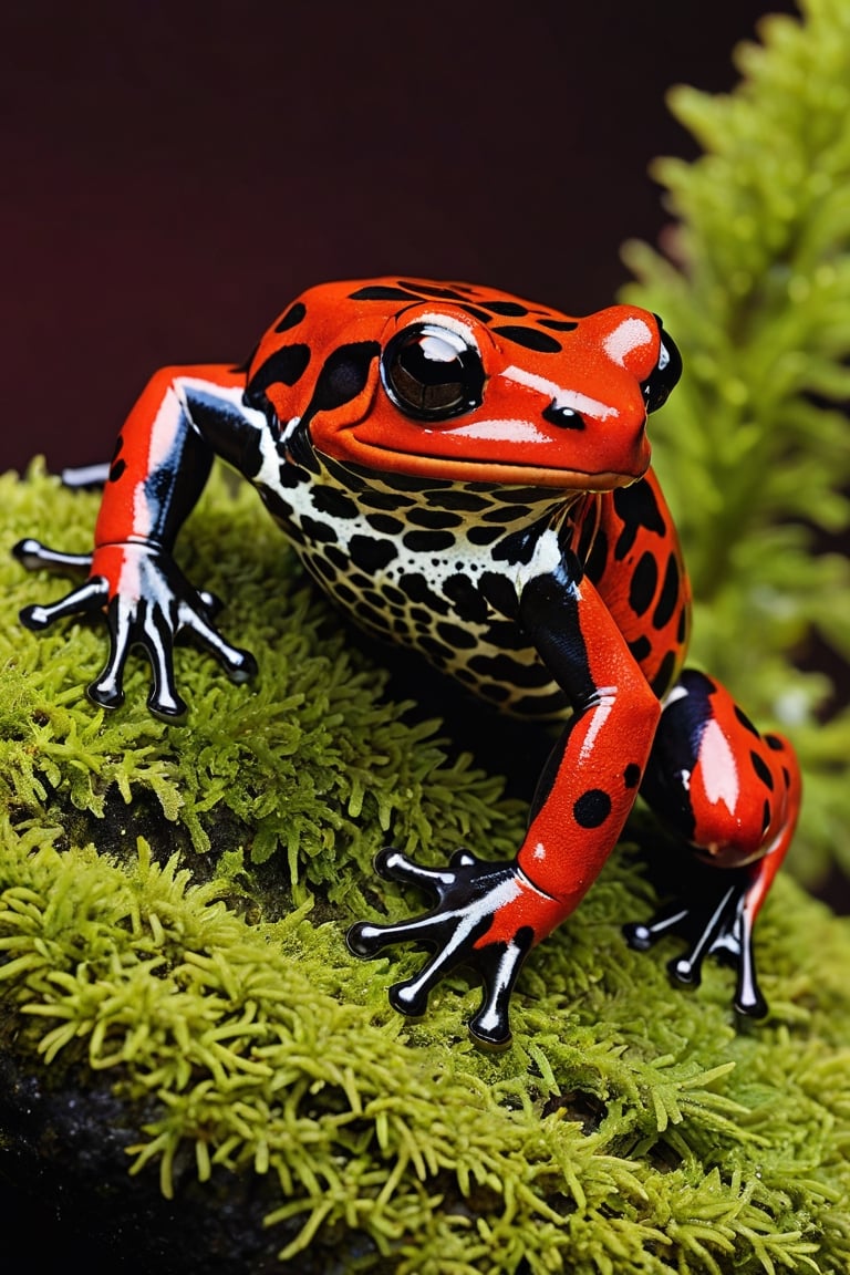 Lehmann's Poison Dart Frog, sitting on a mossy stone with flowing water, has a deep dark red background with its entire body, including its back and belly, with wide, black irregular spotted patterns like a band around the eyes and back.

Ultra close-up photography, Ultra-detailed, ultra-realistic,