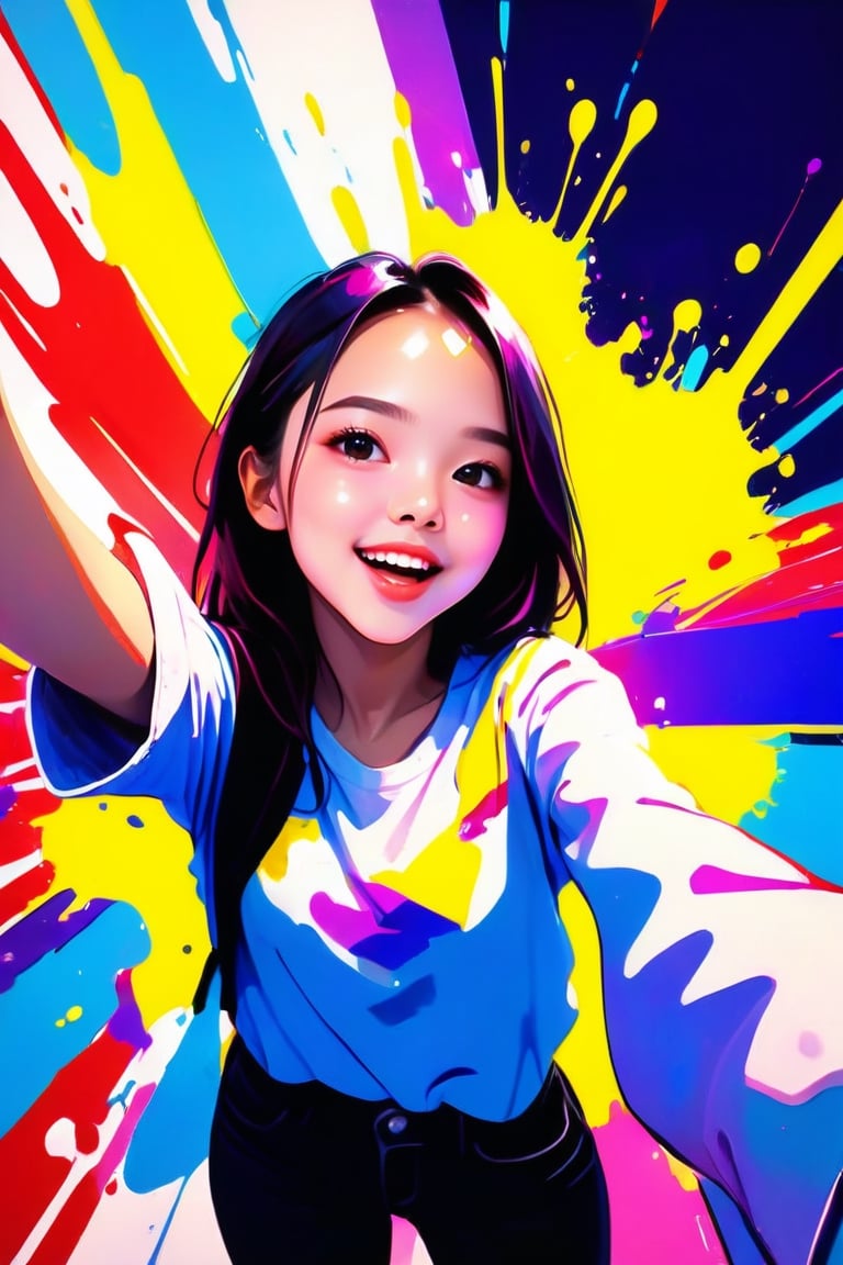 young girl, adolescent, energetic, joyous, selfie, taking selfie, phone camera app, outline, angle downwards, v shape hand pose, cute, adorable, sexy, suggestive outfit, paint splash background, vibrant paint, high contrast, abstract, volumetric light, high quality, detailed, masterpiece