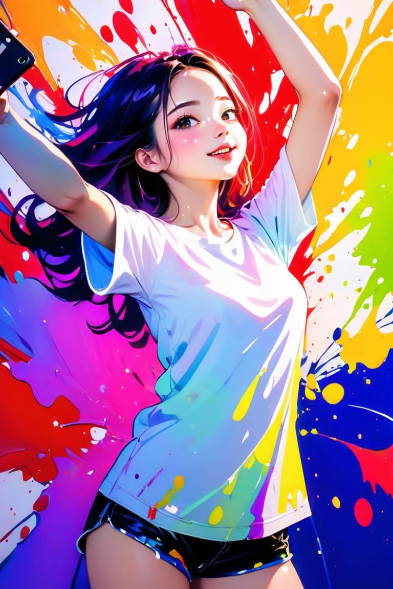 young girl, adolescent, energetic, joyous, selfie, taking selfie, phone camera app, outline, angle downwards, v shape hand pose, cute, adorable, sexy, suggestive outfit, paint splash background, vibrant paint, high contrast, abstract, volumetric light, high quality, detailed, masterpiece