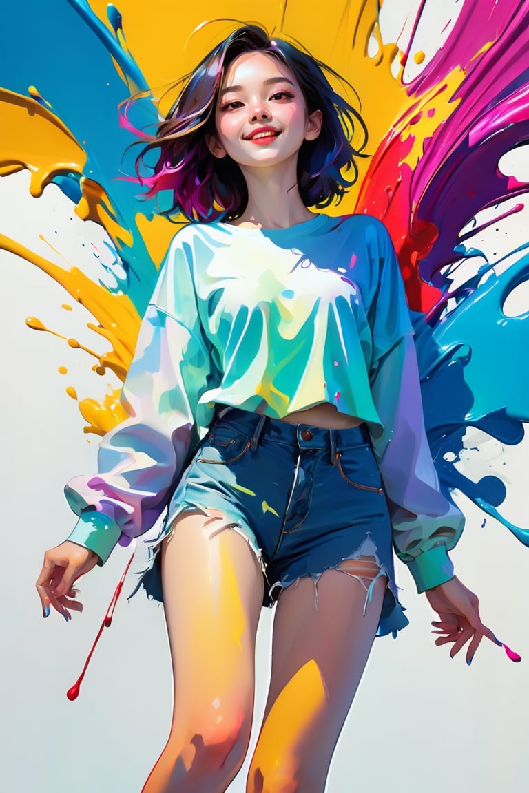 young girl, adolescent, energetic, joyous, selfie, outline, angle downwards, v shape hand pose, cute, adorable, sexy, dance, suggestive outfit, paint splash background, vibrant paint, high contrast, abstract, volumetric light, high quality, detailed, masterpiece,girl,xxmix_girl