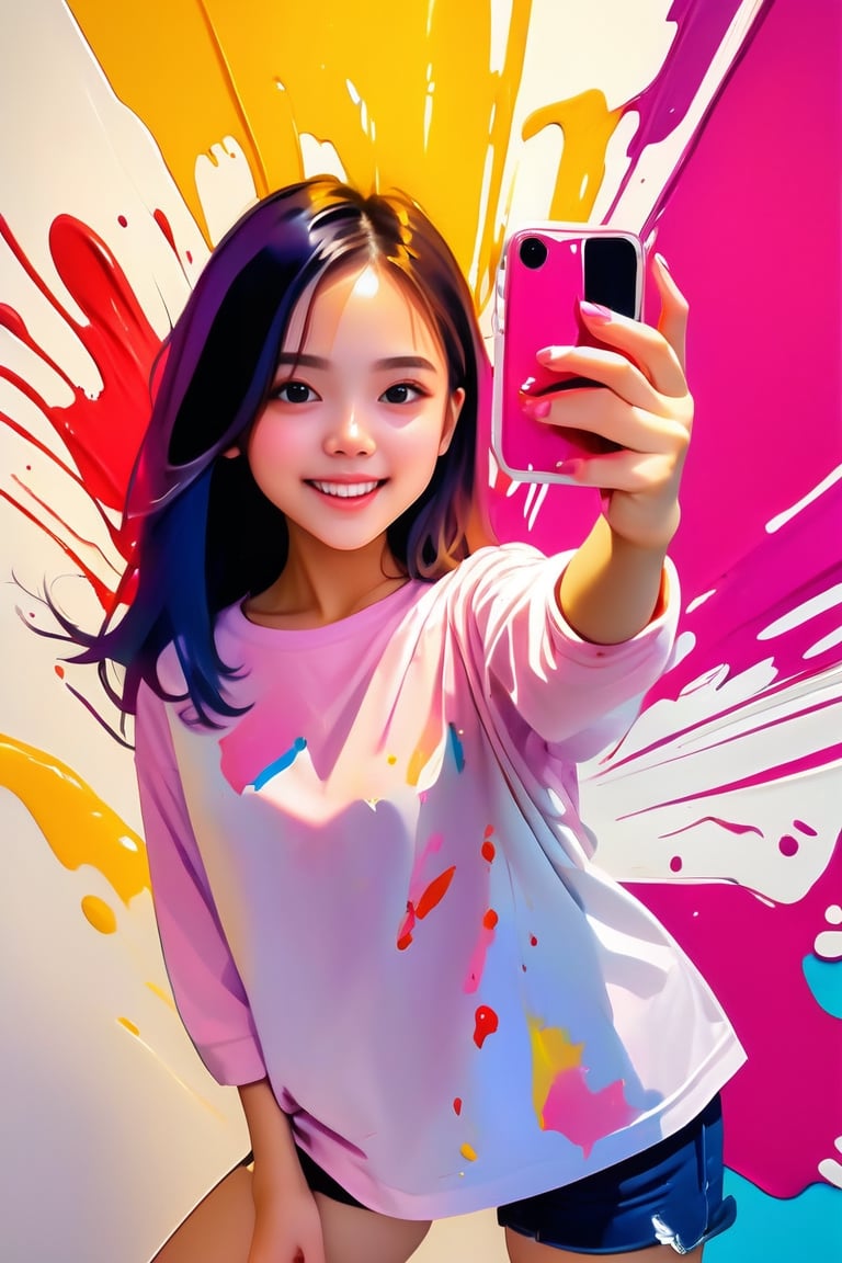 young girl, adolescent, energetic, joyous, selfie, taking selfie, phone camera app, outline, angle downwards, v shape hand pose, cute, adorable, sexy, suggestive outfit, paint splash background, vibrant paint, high contrast, abstract, volumetric light, high quality, detailed, masterpiece