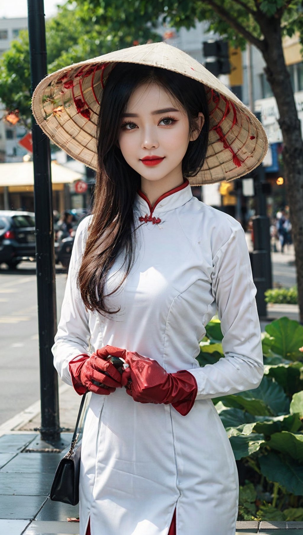 JinxLol,mature female,1girl, solo,looking at viewer, gloves, fingerless gloves, Ao Dai,Nón Lá, Nón, Leaf hats,
character name, looking at viewer, outdoors,lora:JinxLolEp8dim8:1, lora:JinxLol:1,Vietnamese Ao Dai, JeeSoo ,futureaodai,hat,vnbeauty