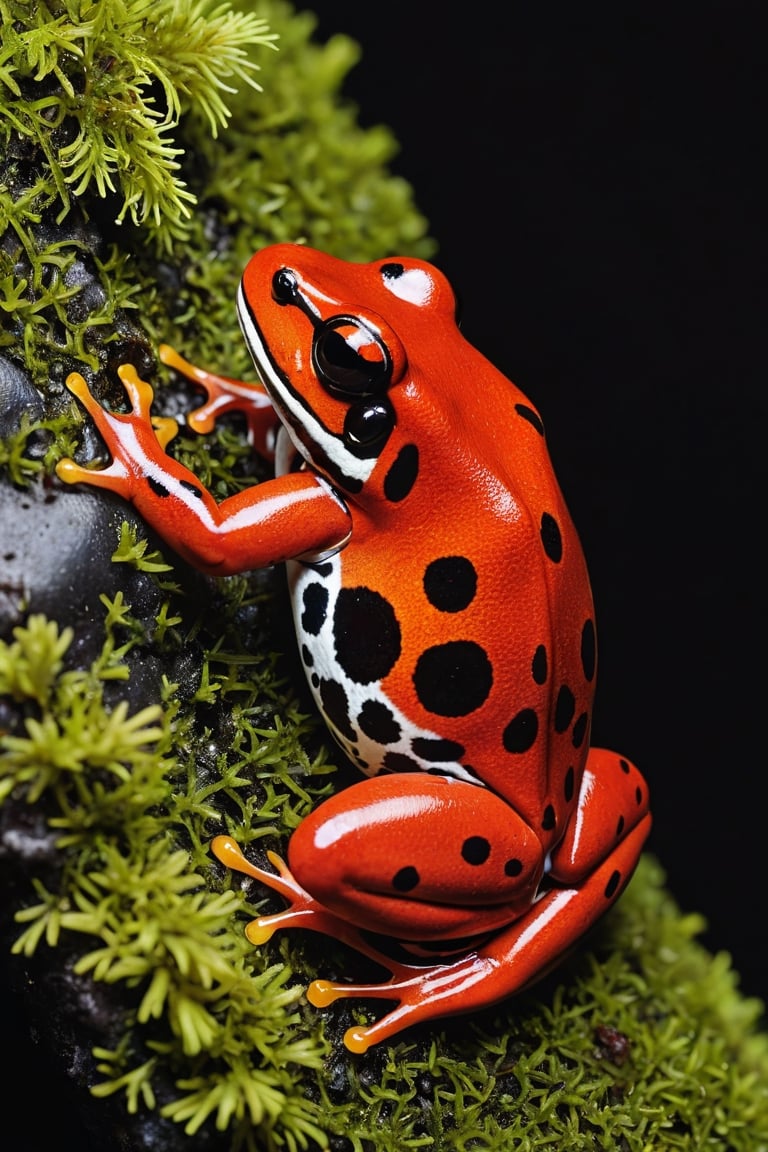 Lehmann's Poison Dart Frog, sitting on a mossy stone with flowing water, has a deep dark red background with its entire body, including its back and belly, with wide, black irregular spotted patterns like a band around the eyes and back.

Ultra close-up photography, Ultra-detailed, ultra-realistic,