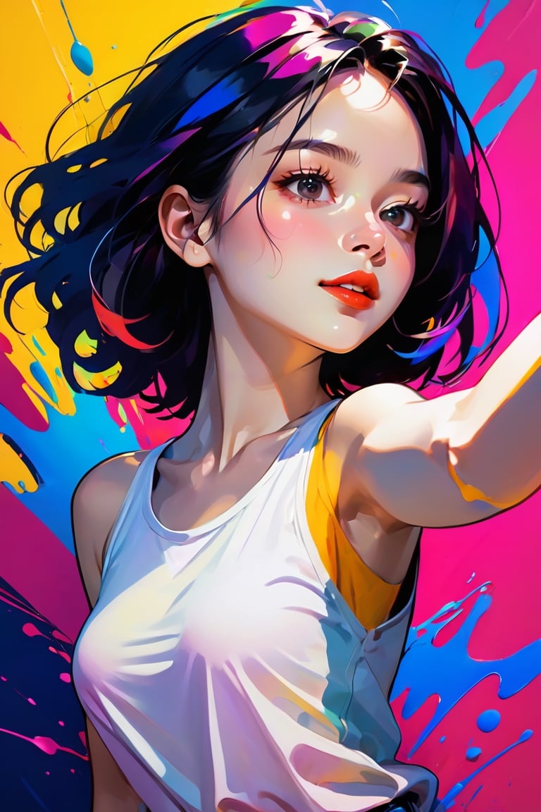 young girl, adolescent, energetic, joyous, selfie, outline, angle downwards, v shape hand pose, cute, adorable, sexy, dance, suggestive outfit, paint splash background, vibrant paint, high contrast, abstract, volumetric light, high quality, detailed, masterpiece,girl,xxmix_girl